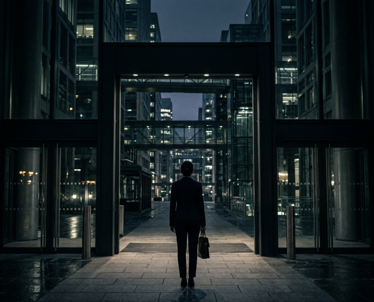 blog post featured image showing an indian female corporate person standing at entrance of complex corporate labyrinth facing away from the camera, with dark cinematic lighting silhoutted