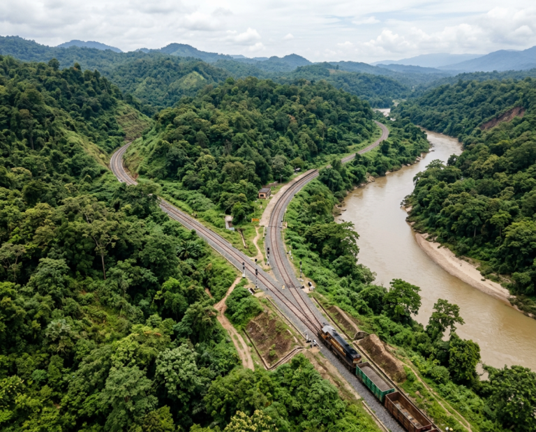 blog post featured image of aerial view of railway tracks forming a Y junction beside a river and dense jungle landscape in northeast india