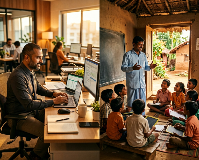 composition showing one indian male corporate office professional working at a desk and an indian teacher teaching a group of children in a rural classroom