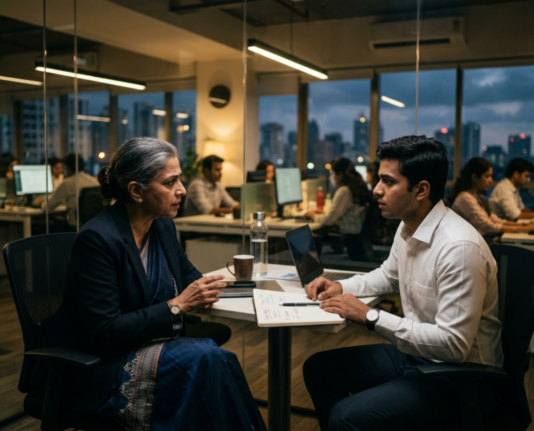 blog post featured image of an indian female senior corporate mentor warning a brilliant young male indian analyst in an office, serious conversation about workplace politics