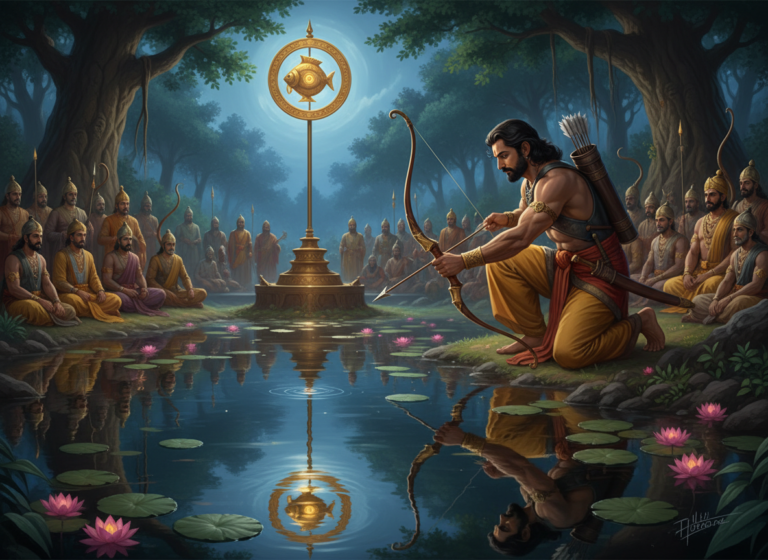Arjun looking into the pond to hit the fish's eye from the hindu mythology