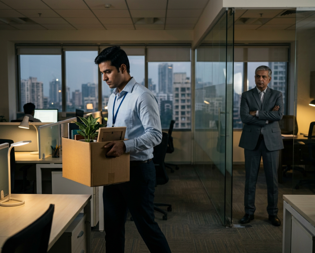 indian employee leaving office carrying box of belongings while another indian executive looks on in a serious manner