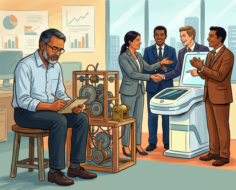 blog post featured image showing an indian scientist sitting quietly beside an early prototype machine while multiple professionals around him point proudly at the finished product, symbolic illustration about innovation and claiming credit