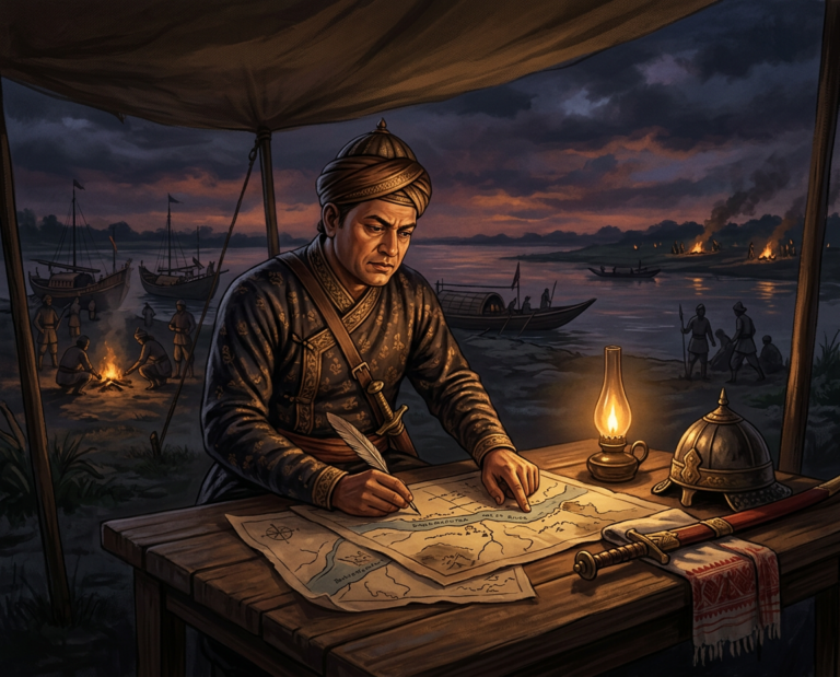 blog post featured image of lachit barphukan heroic Indian military commander studying battle plans beside a river battlefield, dramatic lighting, symbolic illustration about leadership and sacrifice