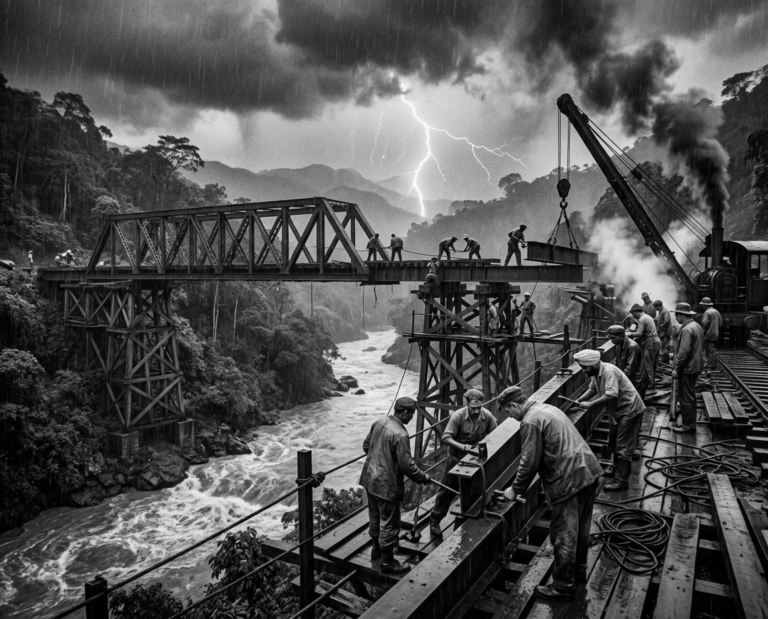 featured blog post image of vintage railway engineers building a railway bridge in dense indian jungle during monsoon storm, dramatic lightning and rugged landscape